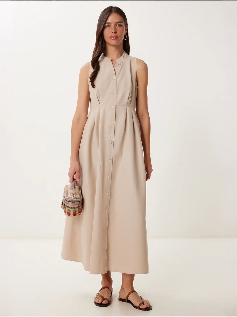 Estambul vestido midi sin mangas con cuello mandarín y corte a istanbul Beige arcilla - Kiabi