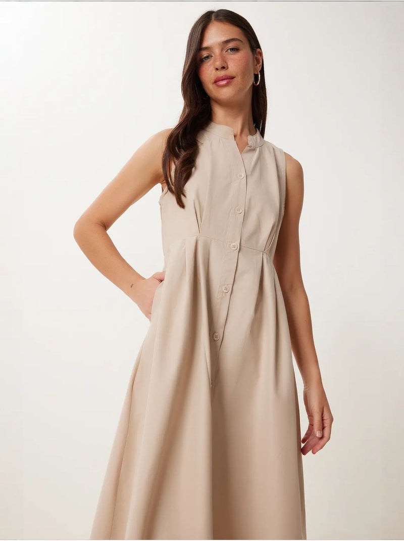 Estambul vestido midi sin mangas con cuello mandarín y corte a istanbul Beige arcilla - Kiabi