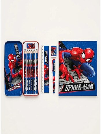 Estuche de metal con material escolar spider-man marvel