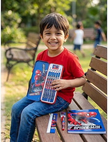 Estuche de metal con material escolar spider-man marvel
