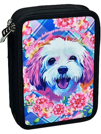 Estuche escolar chien multicolore relleno de doble compartimento 20 cm