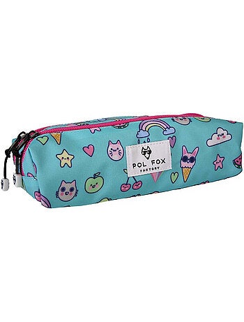 Estuche niña 2 compartimentos POL FOX Kawai azul motivos kawaii