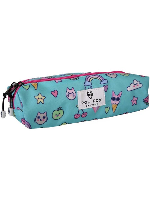 Estuche niña 2 compartimentos POL FOX Kawai azul motivos kawaii - Kiabi