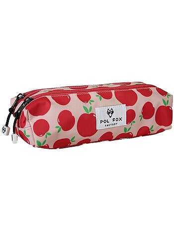 Estuche niña 2 compartimentos POL FOX Pompom rosa y rojo motivo manzana