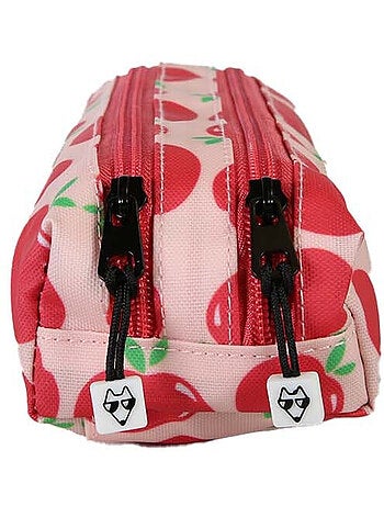 Estuche niña 2 compartimentos POL FOX Pompom rosa y rojo motivo manzana