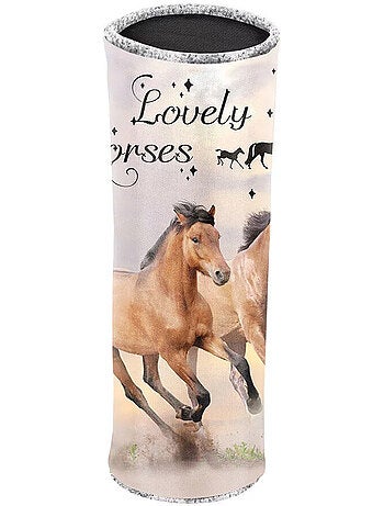 Estuche redondo cilíndrico estampado caballos 22 cm