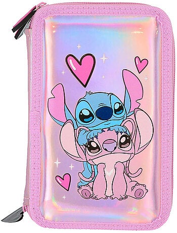 Estuche stitch – equipado holográfico 3 compartimentos – 20 cm – lilo y stitch