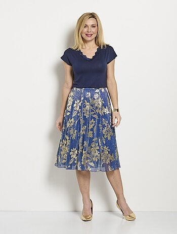 Falda ancha de largo medio con estampado de follaje dorado - Afibel