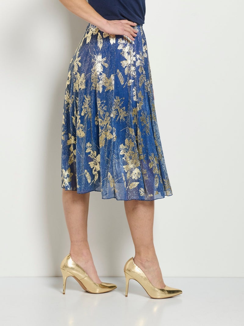 Falda ancha de largo medio con estampado de follaje dorado - Afibel Azul - Kiabi