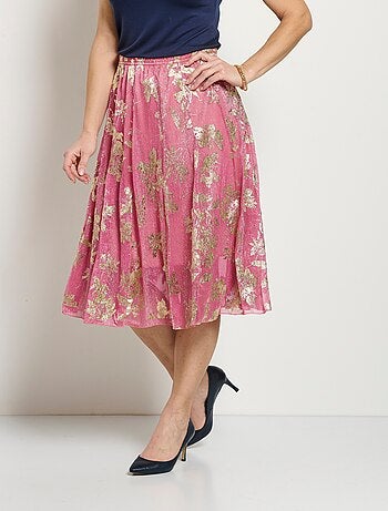 Falda ancha de largo medio con estampado de follaje dorado - Afibel