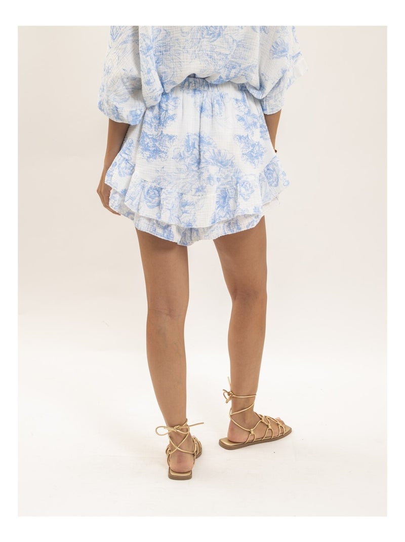 Falda corta de gasa de algodón motivo toile de Jouy XALONE Azul - Kiabi