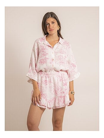 Falda corta de gasa de algodón motivo toile de Jouy XALONE