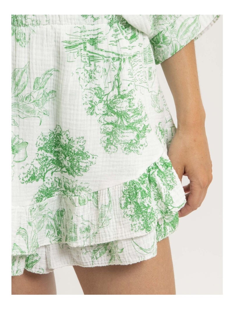 Falda corta de gasa de algodón motivo toile de Jouy XALONE Verde - Kiabi