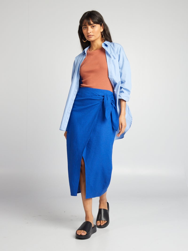 Falda cruzada de mezcla de lino azul - Kiabi