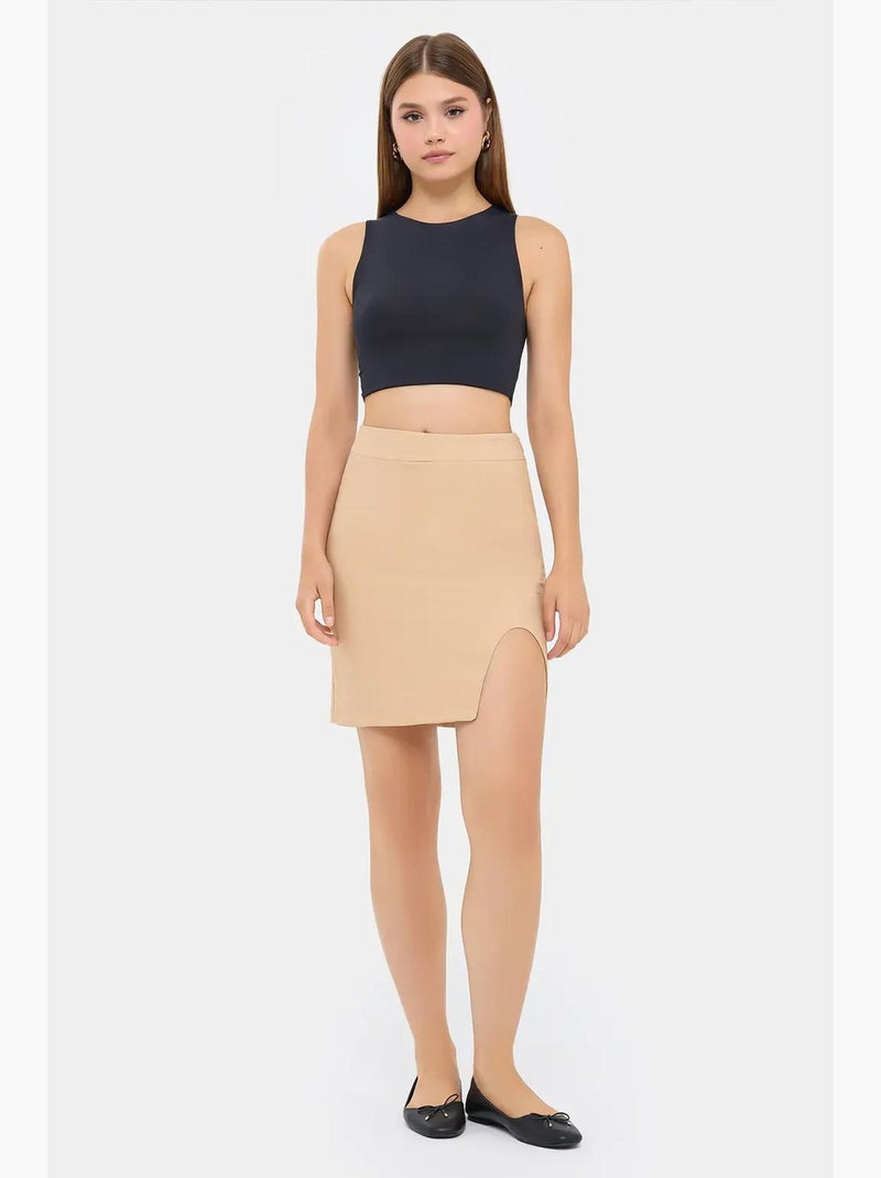 Falda de cintura alta con dobladillo sin costuras y abertura hiccup Beige natural - Kiabi