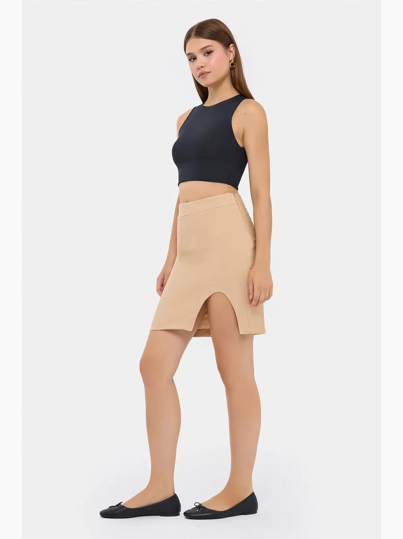 Falda de cintura alta con dobladillo sin costuras y abertura hiccup Beige natural - Kiabi
