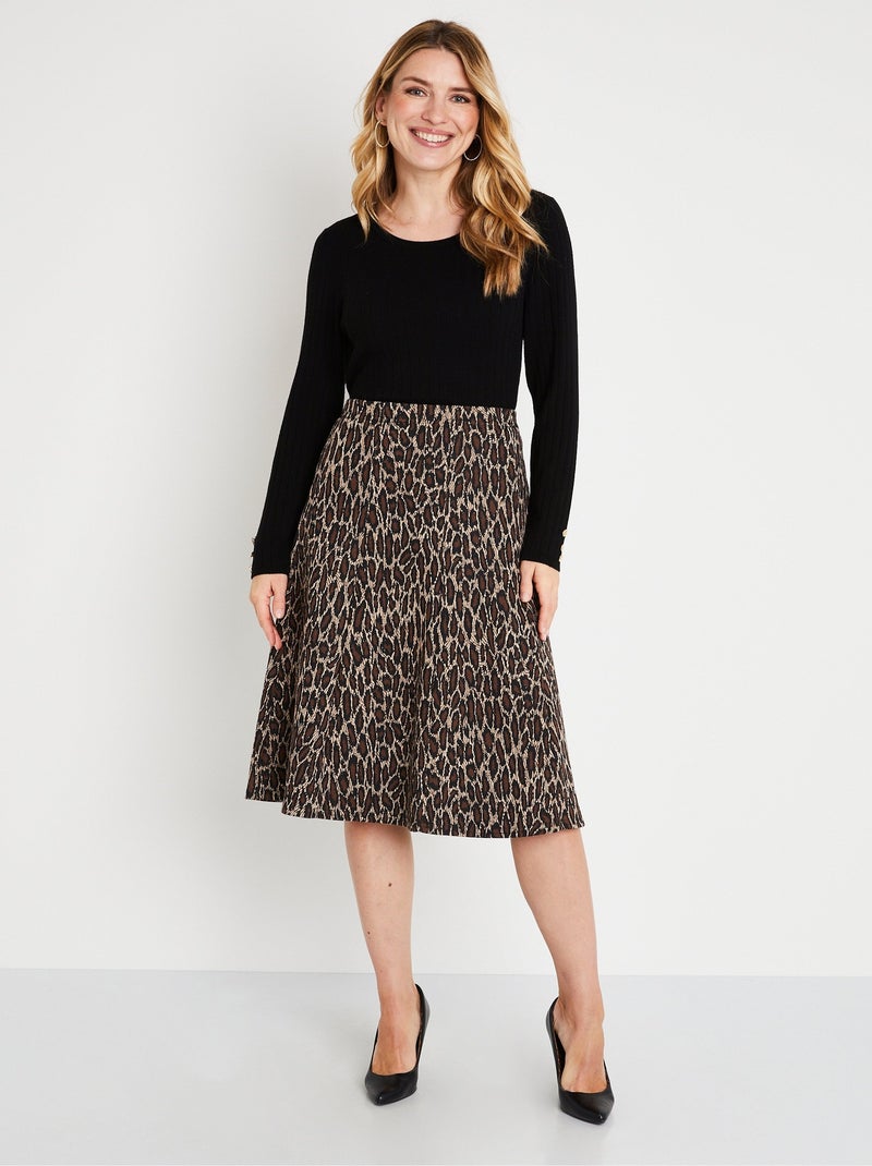 Falda larga acampanada de punto jacquard - Afibel Marrón - Kiabi