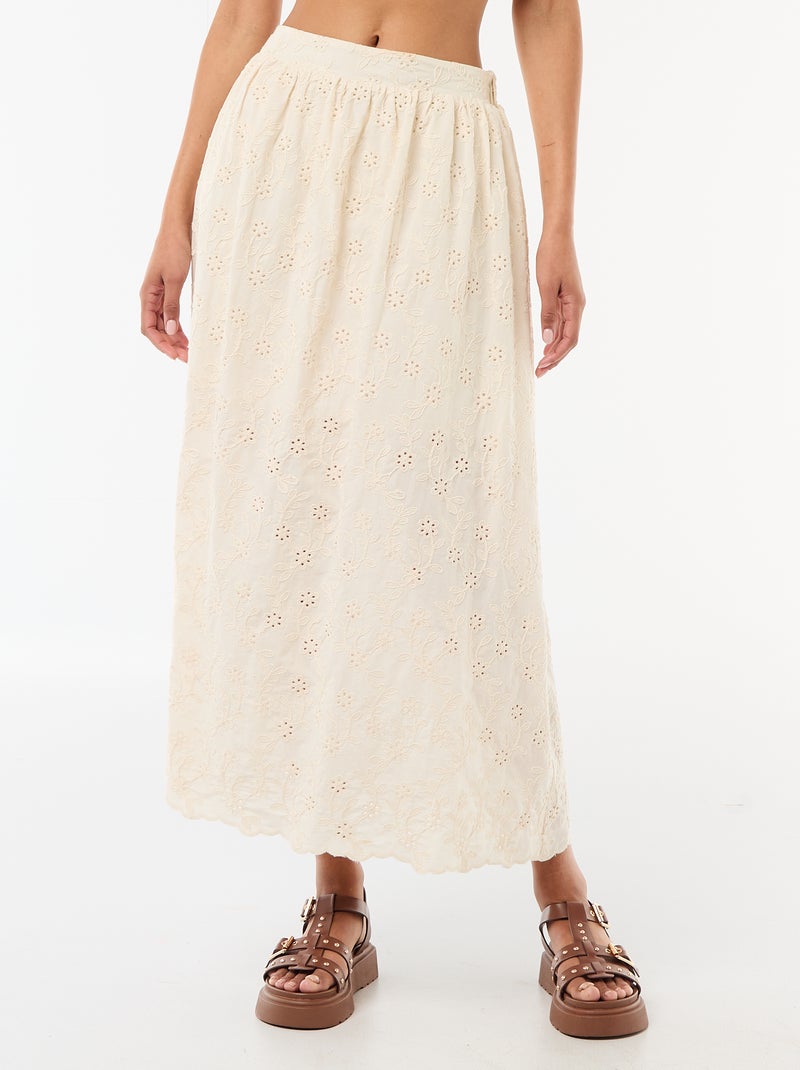 Falda larga con bordado inglés Beige - Kiabi