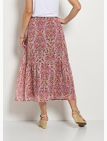 Falda larga con volantes, voile estampado étnico. - Afibel