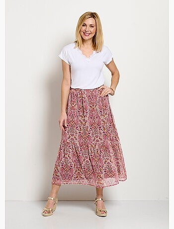 Falda larga con volantes, voile estampado étnico. - Afibel