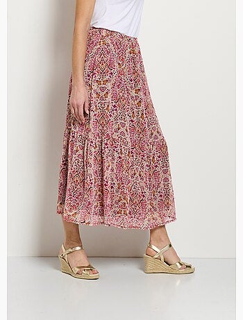 Falda larga con volantes, voile estampado étnico. - Afibel