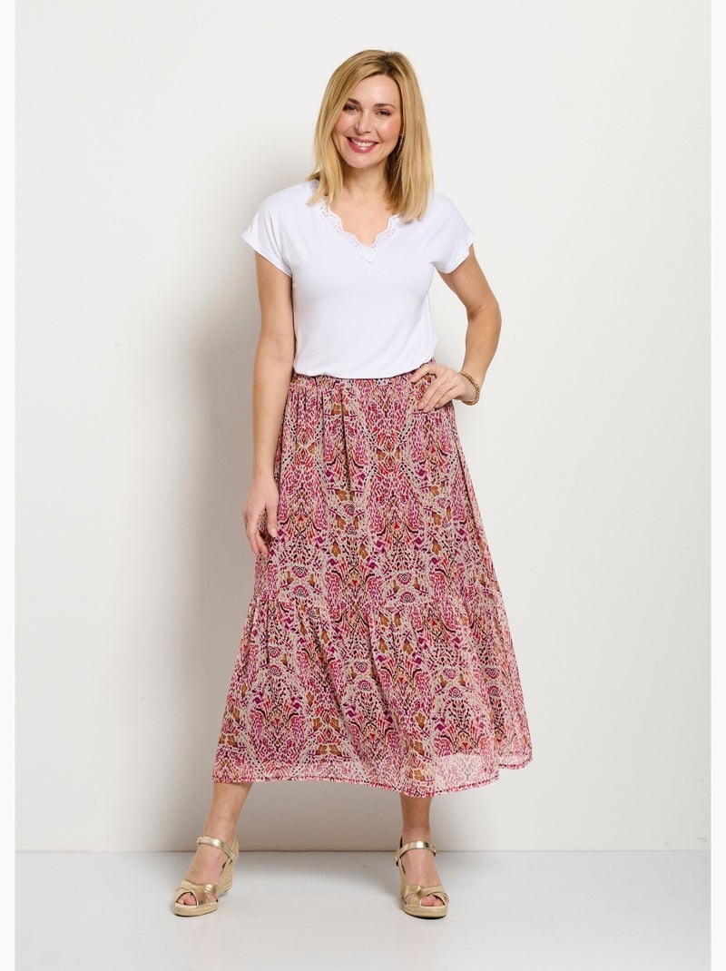 Falda larga con volantes, voile estampado étnico. - Afibel Rosa - Kiabi