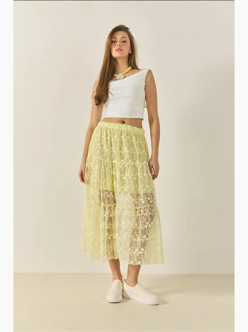 Falda larga de cintura alta con volantes y forro corto de encaje floral lucci Amarillo limón - Kiabi