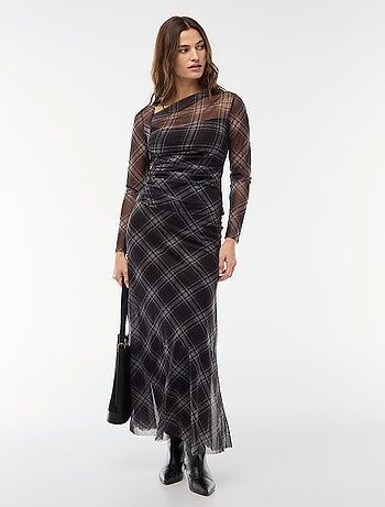 Falda larga de malla con estampado de cuadros