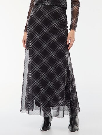 Falda larga de malla con estampado de cuadros