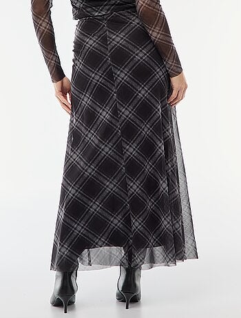 Falda larga de malla con estampado de cuadros