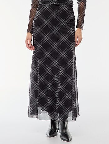 Falda larga de malla con estampado de cuadros