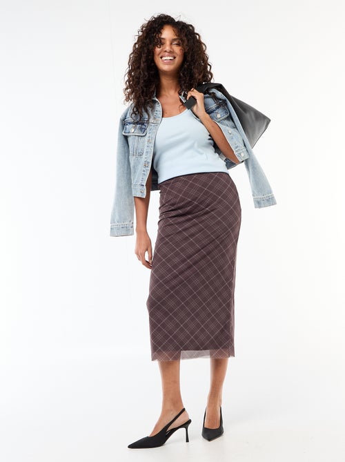 Falda larga de malla con estampado de cuadros - Kiabi