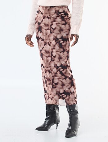 Falda larga de malla con estampado floral