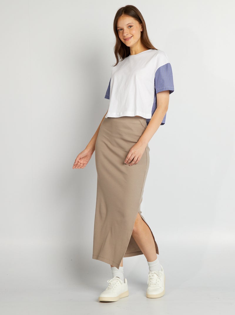 Falda larga de punto de canalé BEIGE - Kiabi