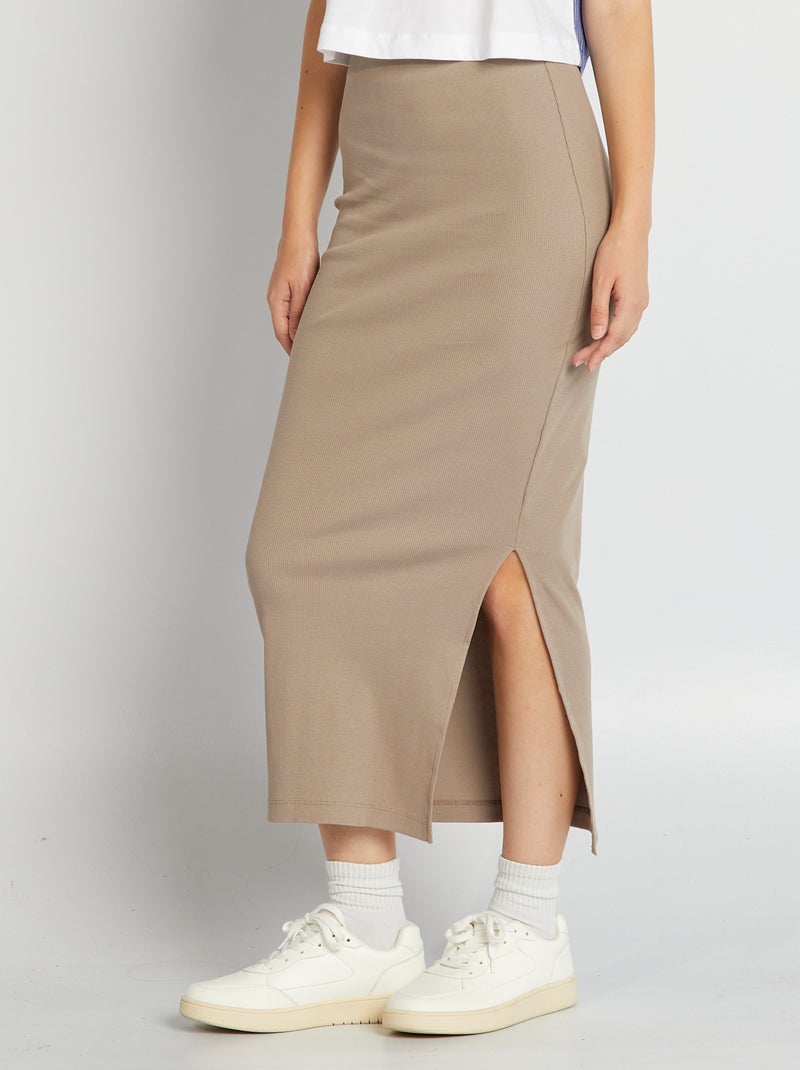 Falda larga de punto de canalé BEIGE - Kiabi