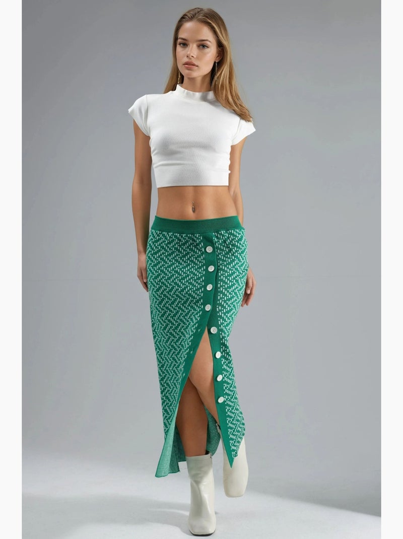 Falda larga de punto geométrico de cintura alta con cierre de botones de mi moda my fashion Verde oscuro - Kiabi