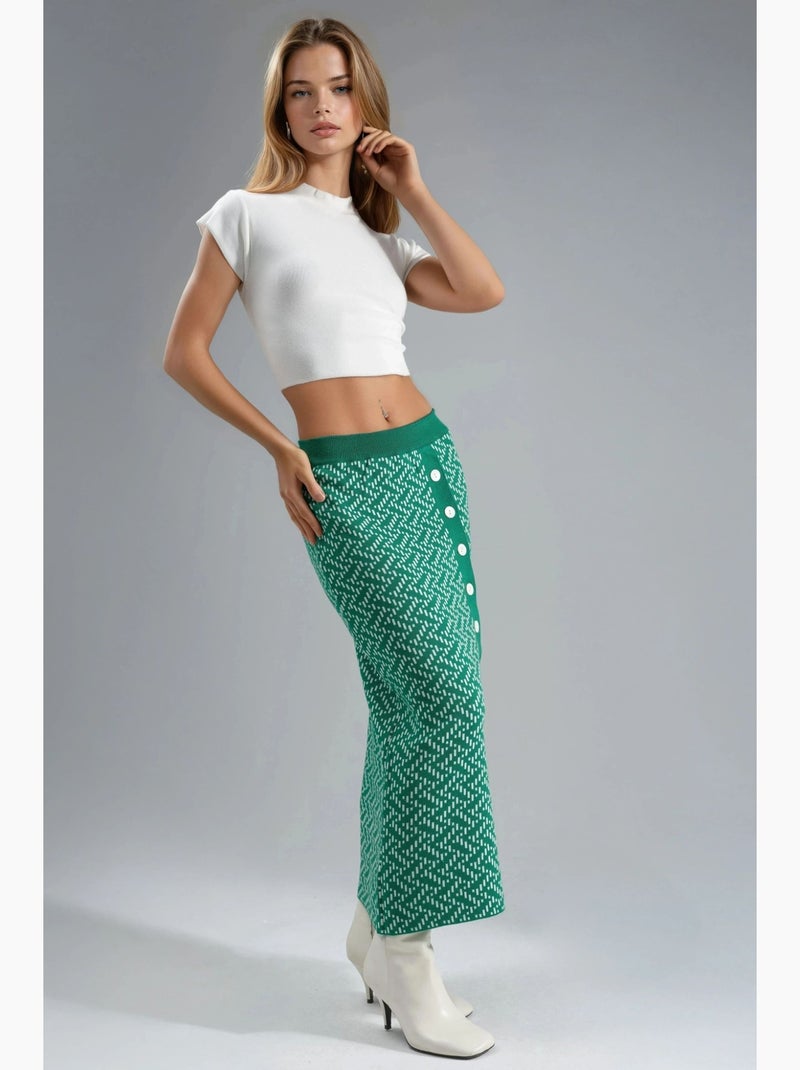 Falda larga de punto geométrico de cintura alta con cierre de botones de mi moda my fashion Verde oscuro - Kiabi