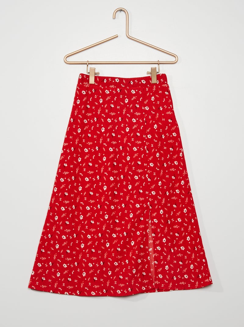 Falda larga de punto gofrado de flores con abertura ROJO - Kiabi