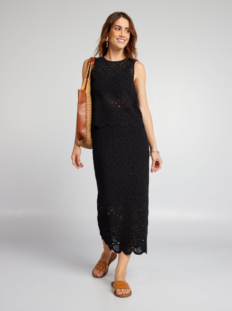 Falda larga de tubo de macramé negro - Kiabi