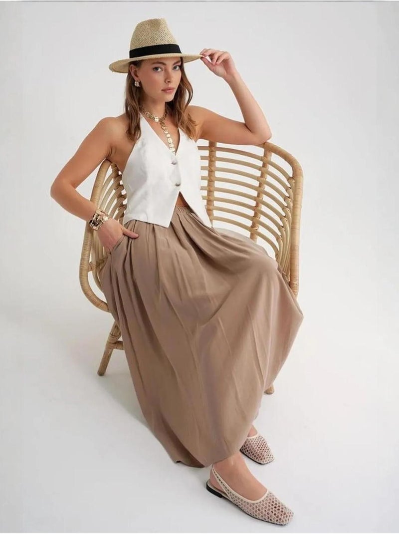 Falda larga de tul con cintura alta y bolsillos mixray Camel - Kiabi