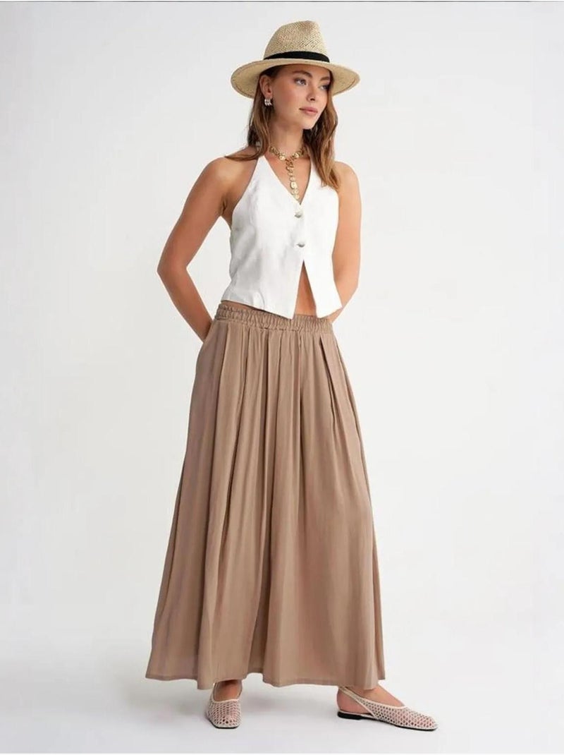 Falda larga de tul con cintura alta y bolsillos mixray Camel - Kiabi