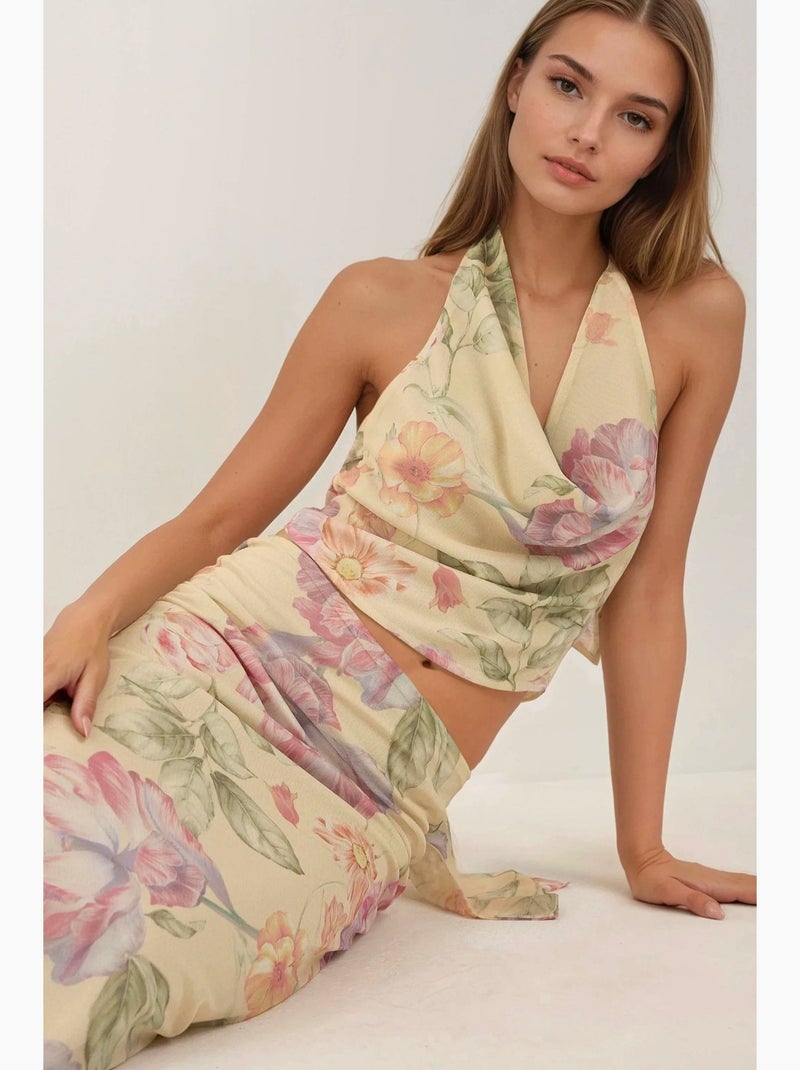 Falda larga floral de tiro bajo hiccup Multicolor - Kiabi