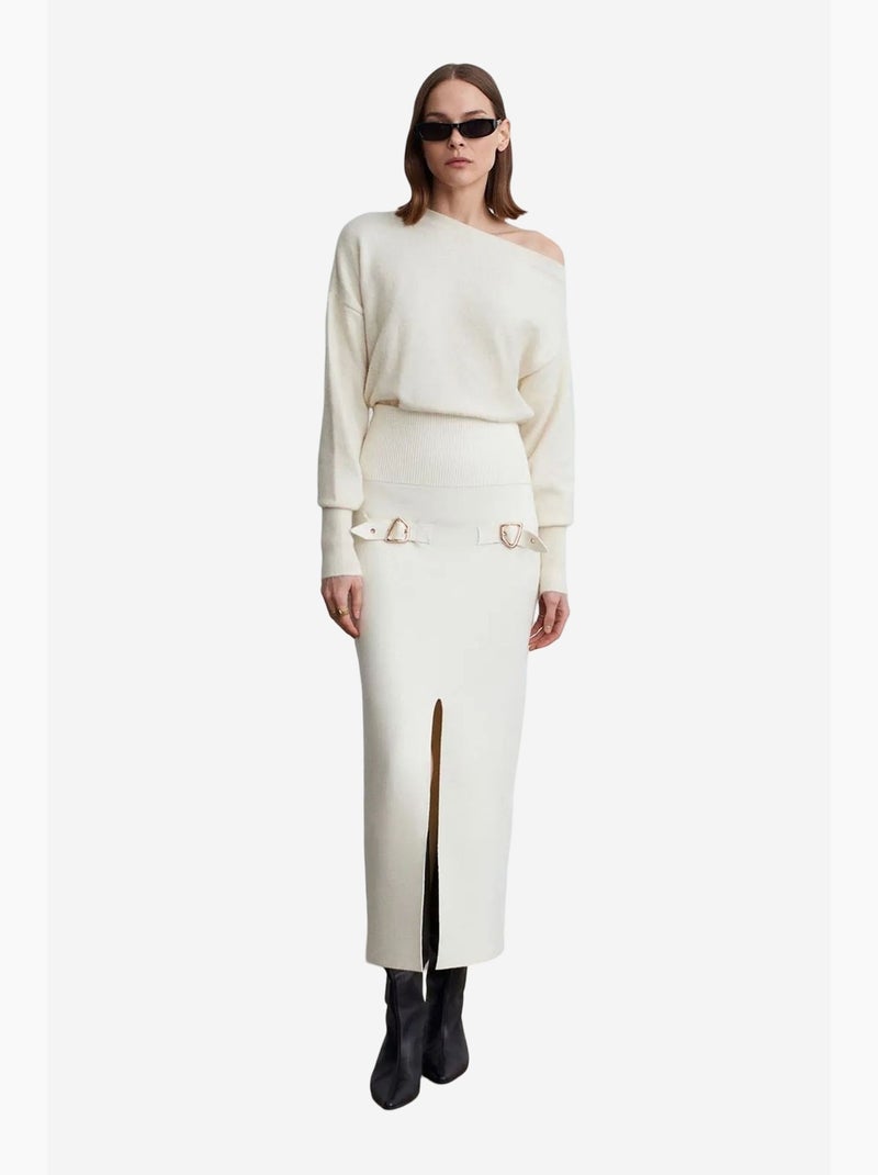 Falda maxi acanalada de cintura alta dilvin Crema - Kiabi