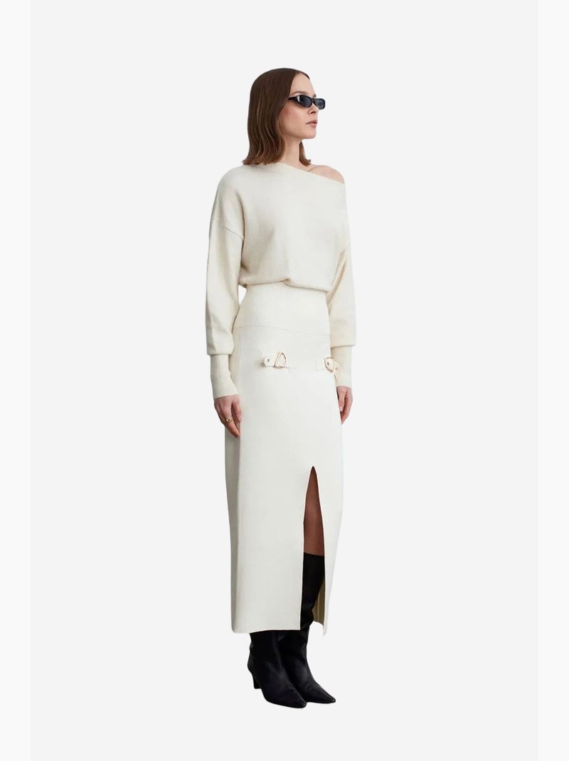 Falda maxi acanalada de cintura alta dilvin Crema - Kiabi