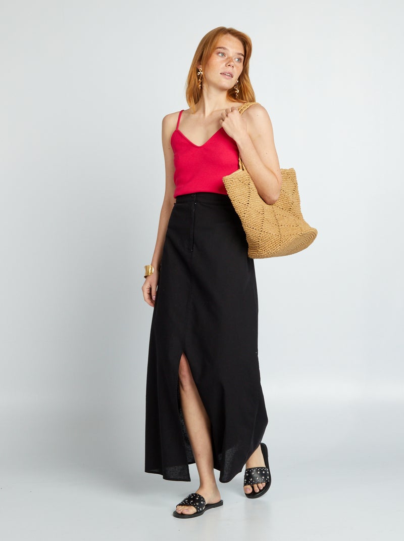 Falda maxi larga de algodón y lino negro - Kiabi