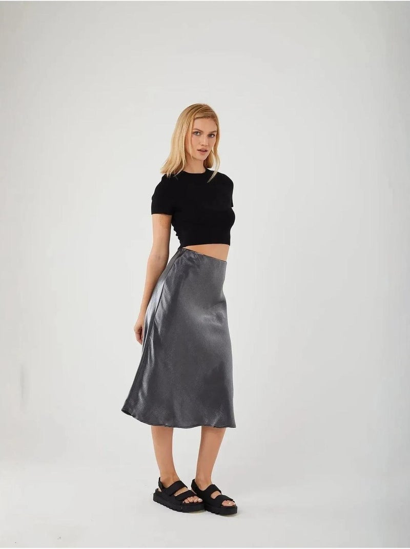 Falda midi ajustada de satén con cintura elástica mixray Gris oscuro - Kiabi