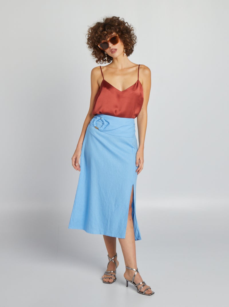 Falda midi con lino AZUL - Kiabi