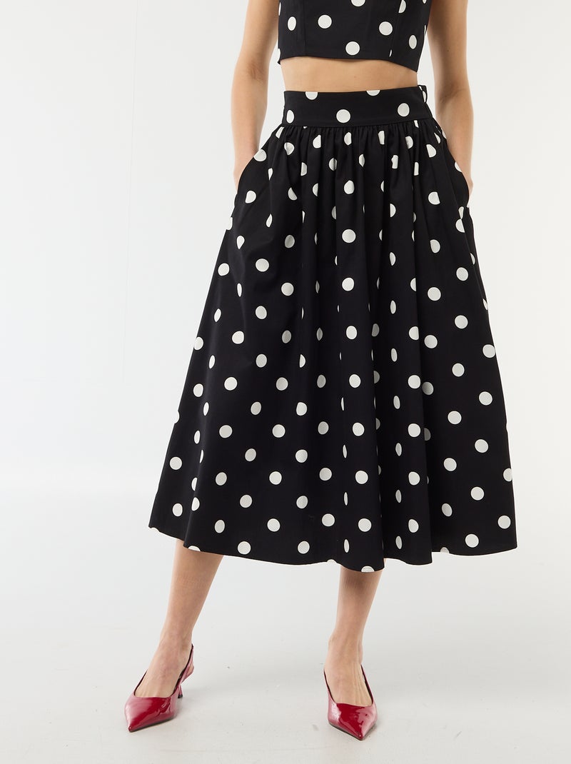 Falda midi con pinzas acampanada con estampado de lunares Negro - Kiabi