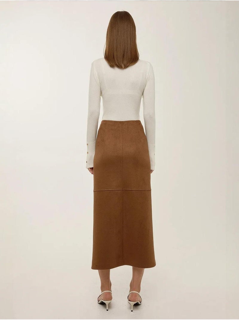 Falda midi de ante con abertura Marrón - Kiabi