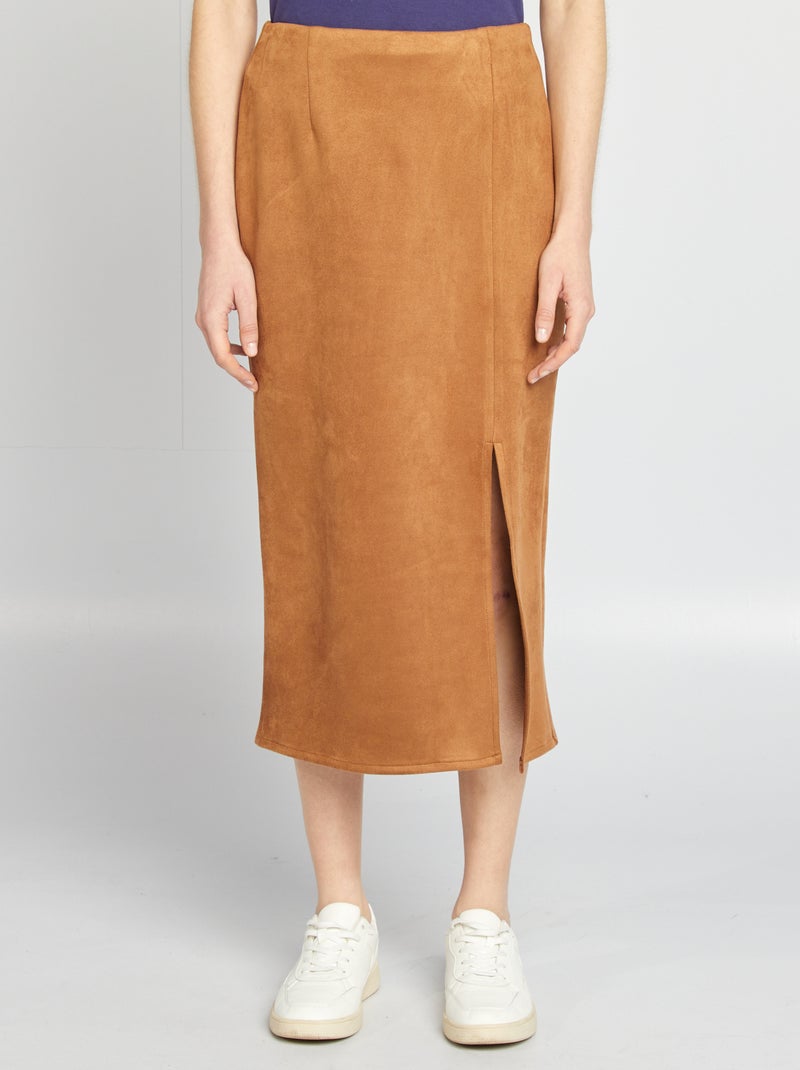 Falda midi de antelina MARRON - Kiabi